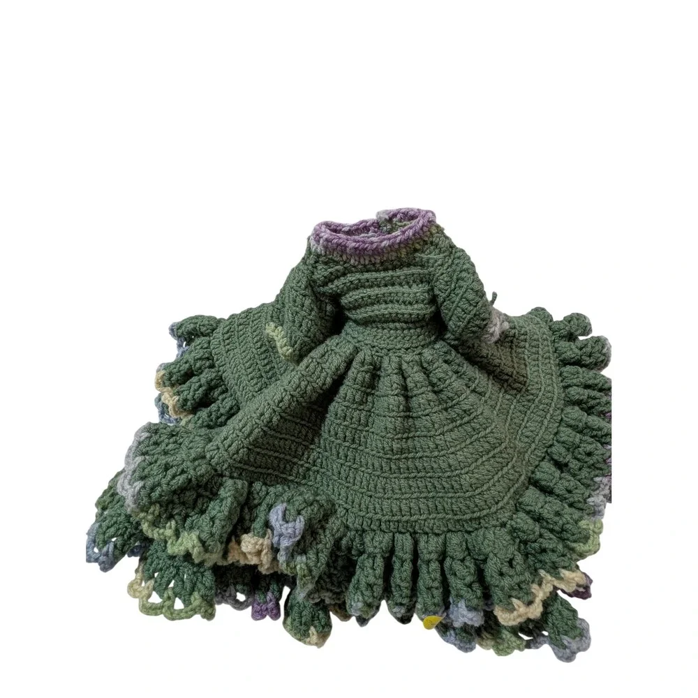 Vintage Handmade Crochet Doll Dress Green Ruffled Knit Skirt 21 Inch Diameter